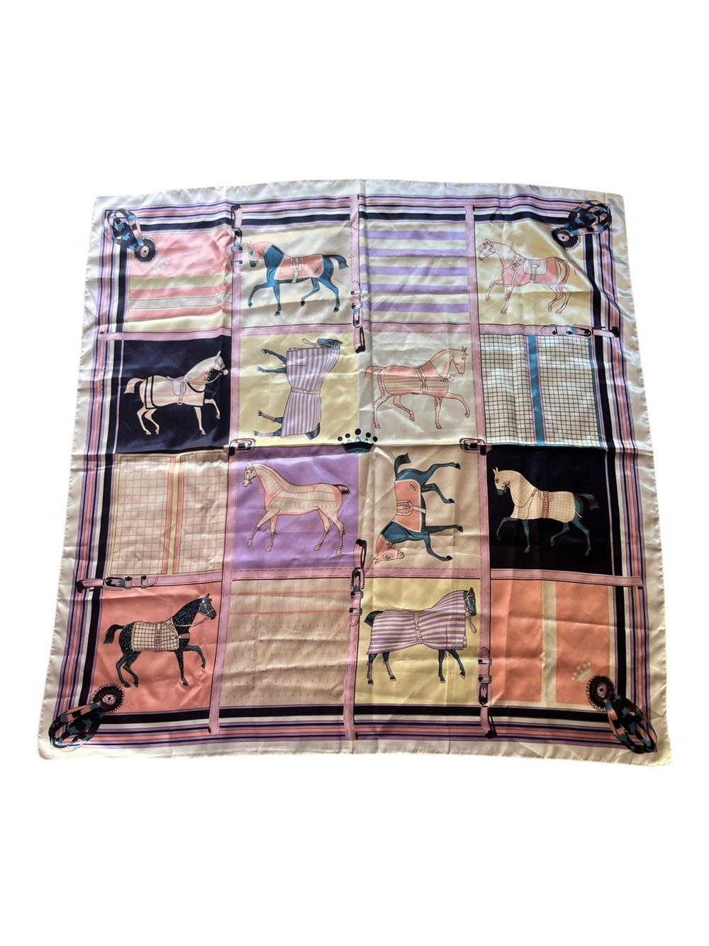35x35 Equestrian Print Silk Feel Scarf in Pastel Patchwork